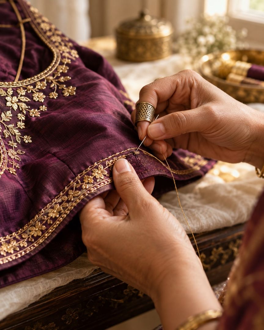 Hands finishing the embroidered border of a plum silk blouse with needle and thread