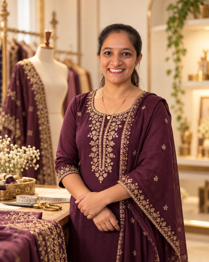 The owner of Pradhi Stitching, smiling, in a plum kurta with gold embroidery