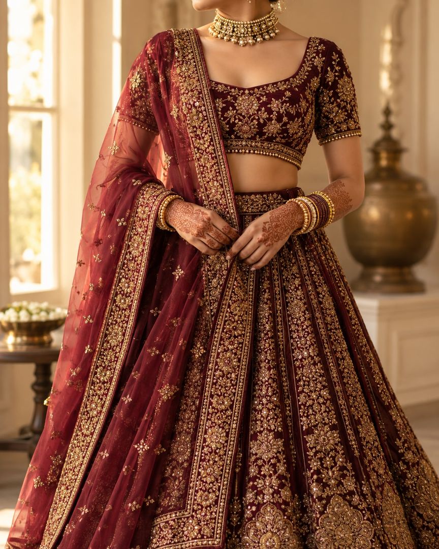 Bride in a maroon lehenga and blouse with dense gold handwork