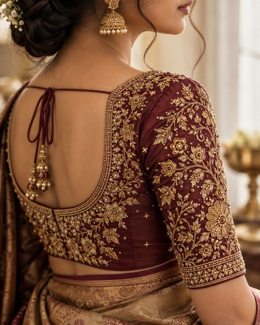 Back view of a maroon bridal blouse with gold floral handwork and a tie-back
