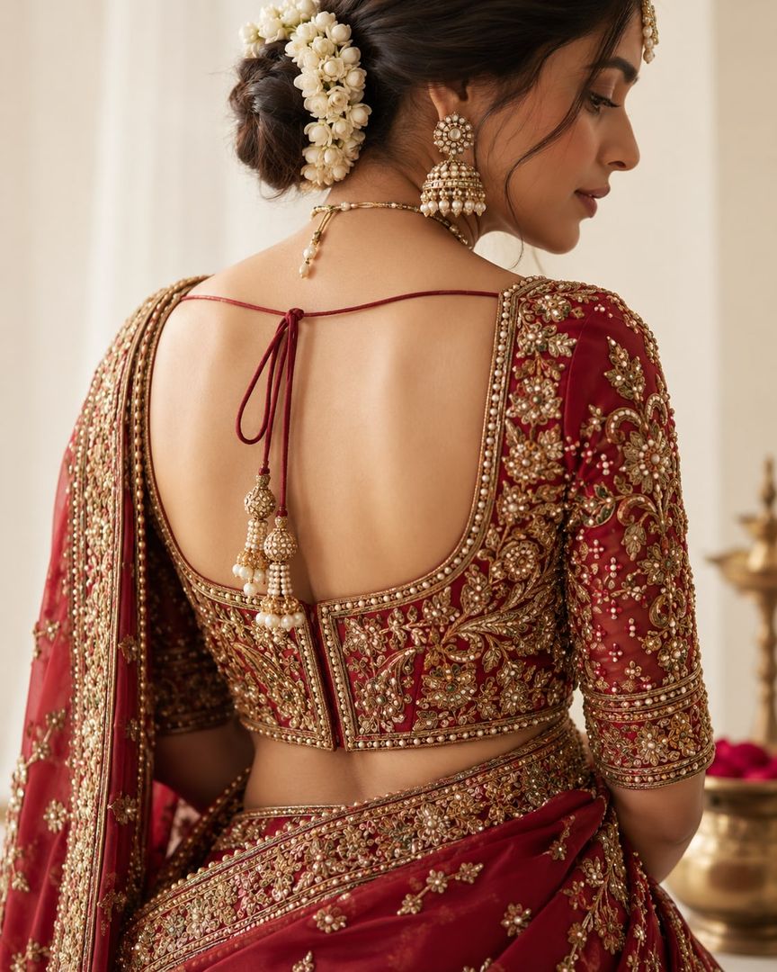 Back view of a red bridal blouse with gold zardozi handwork and a tasselled tie-back