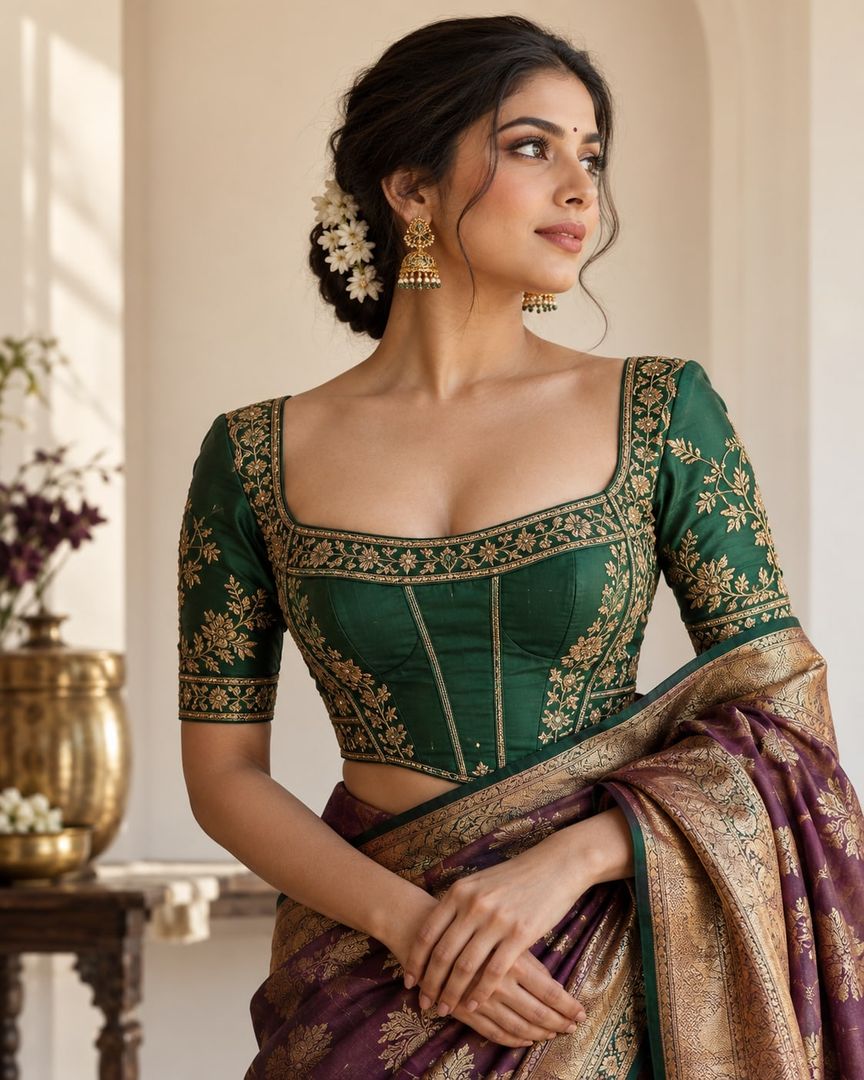Emerald designer blouse with a square neck and gold embroidery, worn with a silk saree