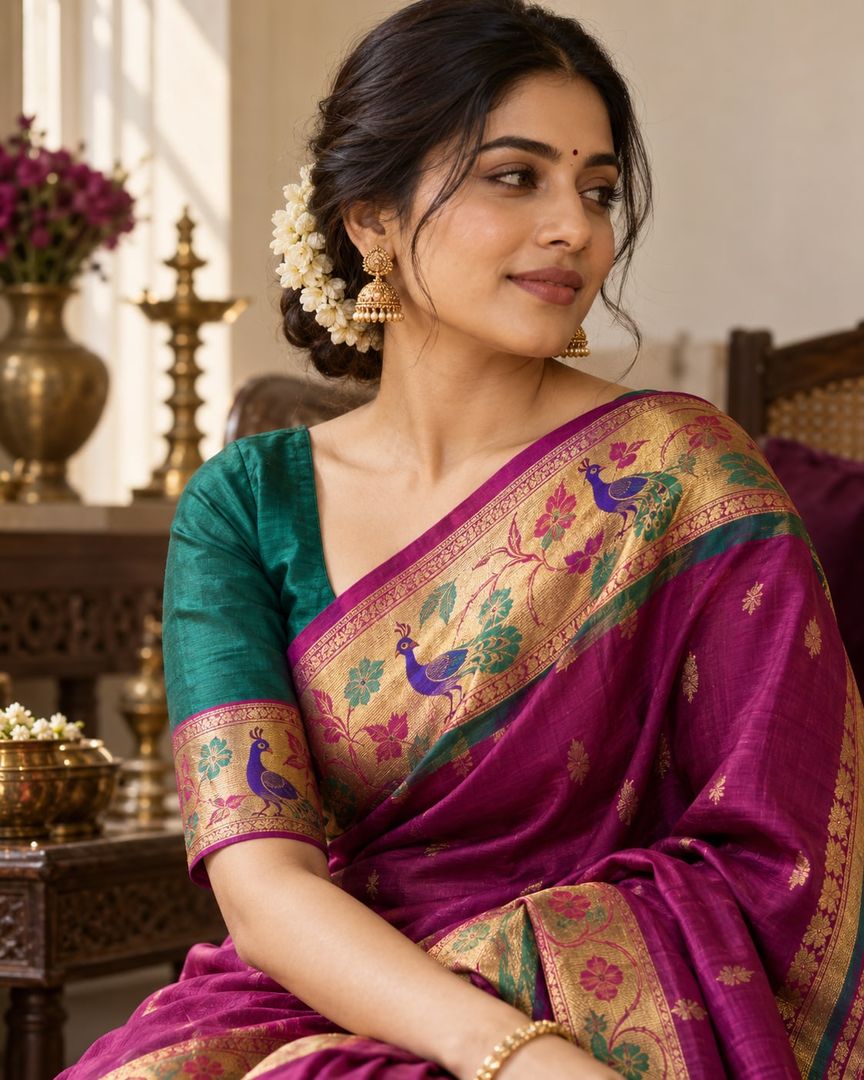 Teal silk blouse with a zari border sleeve, worn with a magenta paithani saree